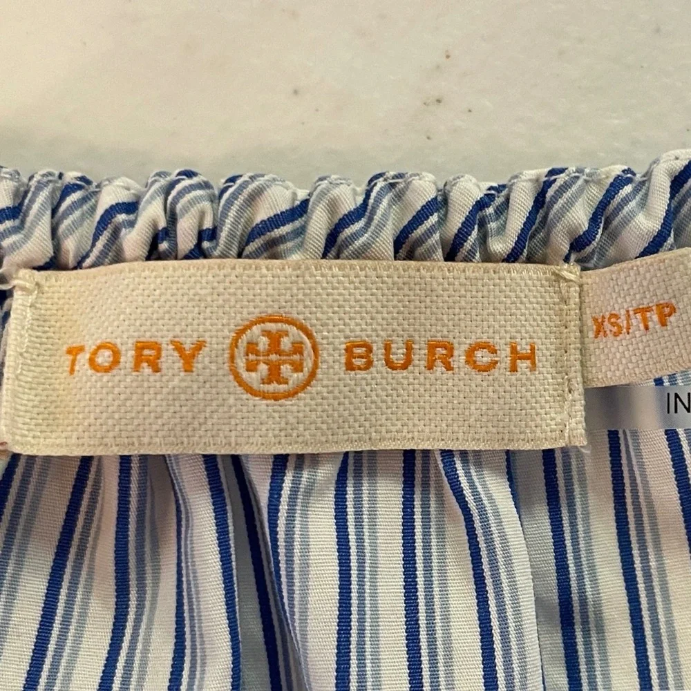 Tory Burch Striped Peasant Blouse XS Blue White Womens Puff Sleeve Tie Excellent